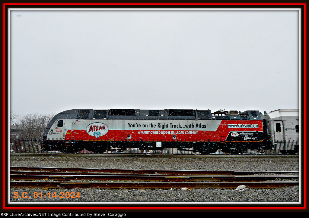   Broadside and Framed shot of NJT 4503 ATlas Model RR Wrap Locomotive